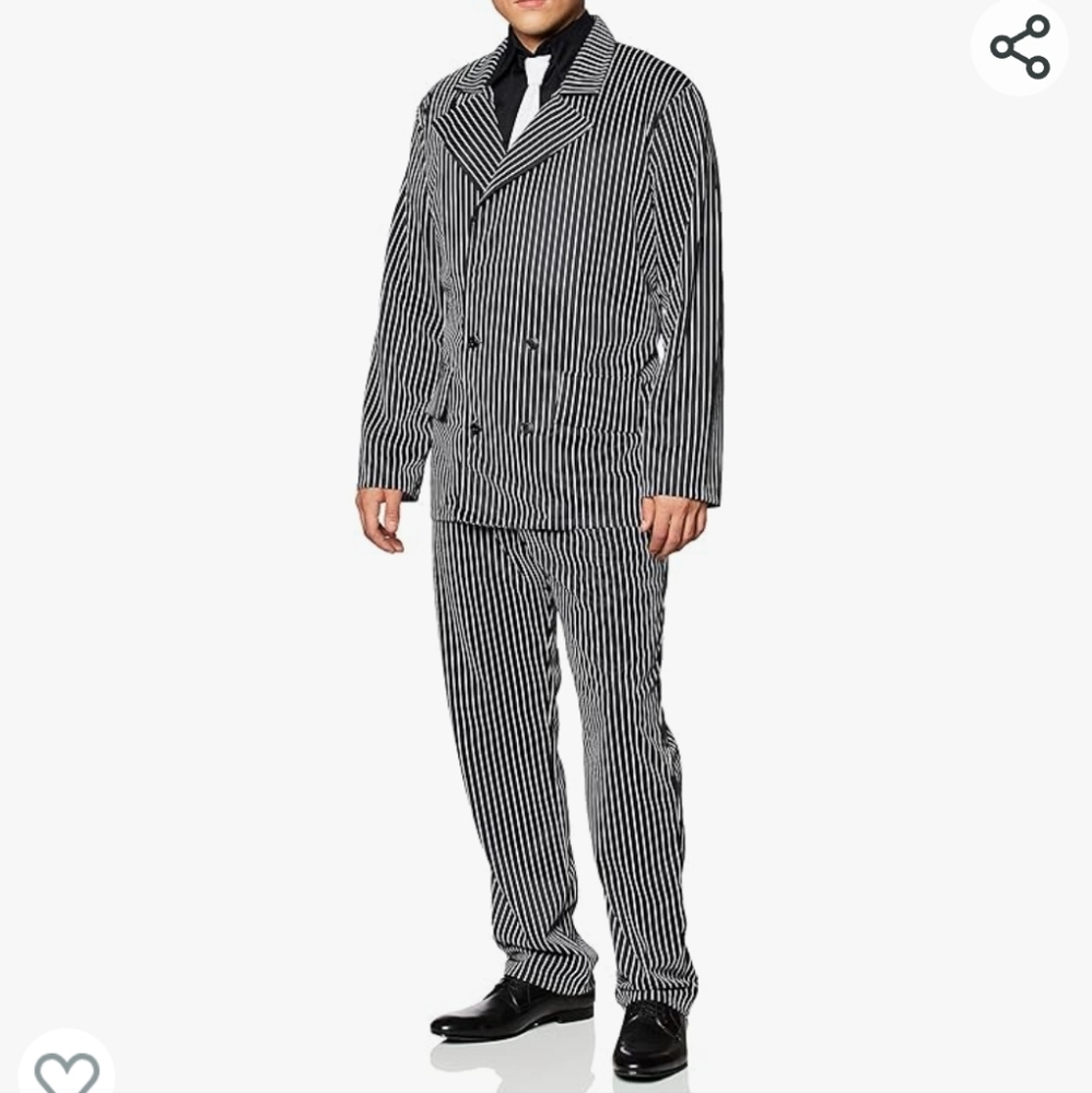 Mens Halloween Black & White Pinstripe Gangster Costume, Gomez Addams, Large